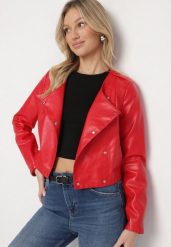 Czerwona Kurtka Ramoneska z Ozdobnymi Guzikami Sesiania. Czerwone kurtki damskie Born2be, l, bez wzorów, z jeansu, bez kaptura. Za 179.99 zł.