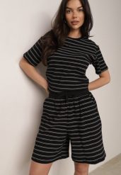 Czarne Bawełniane Szorty w Paski z Wysokim Stanem w Stylu Casual Naunea. Czarne szorty damskie Born2be, bez wzorów, z bawełny, z podwyższonym stanem. Za 59.99 zł.