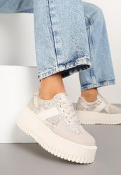 Beżowe Sneakersy Typu Tenisówki na Żłobionej Platformie Ozdobione Wężowym Motywem Lorreia. Brązowe obuwie sportowe damskie Renee, z jeansu, bez zapięcia, tenisowe. Za 89.99 zł.