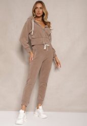 Ciemnobeżowy Komplet Dresowy z Bawełny Bluza z Kapturem i Spodnie Slim Inerisa. Brązowe bluzy damskie Renee, xl, z aplikacjami, z bawełny, z kapturem. Za 119.99 zł.