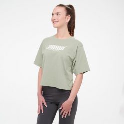 Koszulka damska Puma Gym & Pilates crop. Zielone bluzki damskie Puma, m, bez wzorów, z bawełny, bez kołnierzyka, bez ramiączek. Za 99.99 zł.