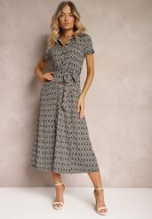Czarna Koszulowa Sukienka w Geometryczny Wzór Zapinana na Guziki Xarrah. Czarne sukienki damskie Renee, bez wzorów, eleganckie, bez ramiączek. Za 179.99 zł.