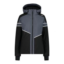 Kurtka narciarska damska z tkaniny skórzanej CMP. Czarne kurtki sportowe damskie CMP, na zimę, bez wzorów, z tkaniny, bez kaptura. Za 806.60 zł.