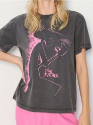 Koszulka oversize Pink Panther - szary. Szare koszulki damskie Sinsay, l, bez wzorów, bez kołnierzyka, bez ramiączek. Za 39.99 zł.