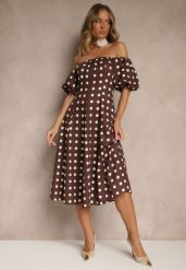 Brązowa Sukienka Hiszpanka Vices w Kropki o Rozkloszowanym Kroju Zilua. Brązowe sukienki damskie Renee, bez wzorów, z materiału, retro, bez ramiączek. Za 129.99 zł.