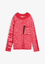Sweter z cienkiej dzianiny ze zwierzęcym nadrukiem. Zielone swetry klasyczne damskie bonprix, z dzianiny, bez kołnierzyka. Za 169.99 zł.