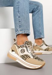 Ciemnobeżowe Sneakersy Ozdobione Wzorem w Panterkę na Grubej Podeszwie z Metalicznymi Wstawkami Gonnith. Brązowe obuwie sportowe damskie Born2be, na jesień, z jeansu, bez zapięcia, trekkingowe. Za 109.99 zł.