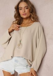 Beżowa Bluzka o Fasonie Nietoperza z Naszyjnikiem Kenola. Brązowe bluzki damskie Renee, bez wzorów, eleganckie, bez kołnierzyka, bez ramiączek. Za 49.99 zł.