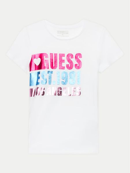 Guess T-Shirt J4YI00 K6YW4 Biały Regular Fit. Białe koszulki i t-shirty dziewczęce Guess, z aplikacjami, z bawełny, bez kołnierzyka, bez ramiączek. Za 49.99 zł.