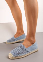 Niebieskie Wsuwane Espadryle na Płaskiej Podeszwie Ozdobione Plecionką z Juty Loracila. Niebieskie espadryle damskie Born2be, bez wzorów, bez obcasa, na płaskiej podeszwie. Za 49.99 zł.