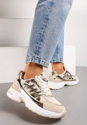 Złote Sneakersy na Grubej Podeszwie Ozdobione Przeszyciami Linarei. Żółte obuwie sportowe damskie Renee, bez zapięcia. Za 44.99 zł.