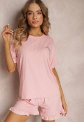 Różowy Komplet Piżamowy 2-częściowy Iodia. Czerwone komplety bielizny Renee, bez wzorów, z dzianiny, bez ramiączek. Za 44.99 zł.