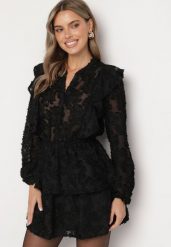 Czarna Rozkloszowana Sukienka Ozdobiona Falbankami z Gumką w Pasie Zinaviya. Czarne sukienki damskie Born2be, bez wzorów, eleganckie, bez ramiączek. W wyprzedaży za 135.99 zł.