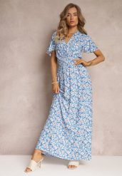 Niebieska Rozkloszowana Sukienka z Wiskozy i Modnym Nadrukiem Vildei. Niebieskie sukienki damskie Renee, bez wzorów, z wiskozy, bez ramiączek. W wyprzedaży za 55.99 zł.