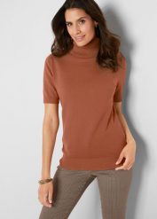 Sweter z golfem, krótki rękaw. Niebieskie golfy damskie bonprix, bez wzorów, bez ramiączek. Za 79.99 zł.