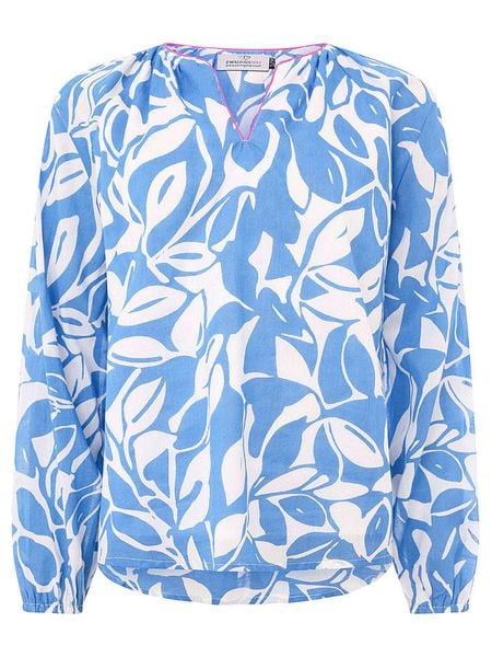 Zwillingsherz Bluzka "Leaves" w kolorze niebiesko-białym rozmiar: S/M. Białe bluzki damskie Zwillingsherz, m, bez wzorów, z wiskozy, bez kołnierzyka, bez ramiączek. Za 88.02 zł.