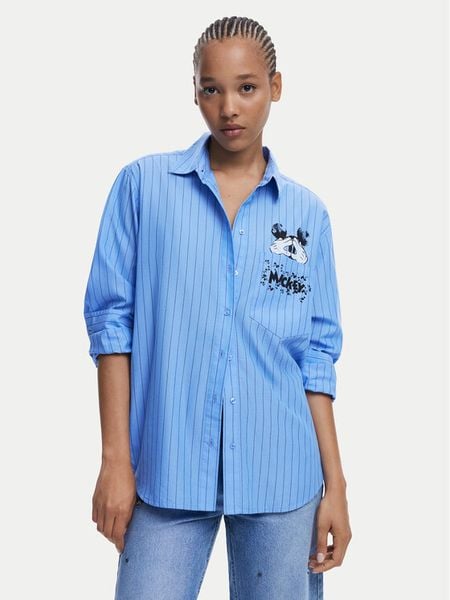 Desigual Koszula Mickey 25WWCW19 Niebieski Oversize. Niebieskie koszule damskie Desigual, s, bez wzorów, z bawełny, bez kołnierzyka, bez ramiączek. Za 269.99 zł.