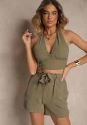 Ciemnozielone Luźne Szorty Bermudy High Waist z Gumką i Materiałowym Paskiem w Talii Renetta. Zielone szorty damskie Renee, bez wzorów, z materiału, z podwyższonym stanem. Za 34.99 zł.