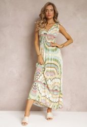 Zielona Sukienka z Wiskozy ze Wzorem Tie Dye z Gumką w Talii Brisea. Zielone sukienki damskie Renee, bez wzorów, z wiskozy, bez ramiączek. W wyprzedaży za 29.99 zł.