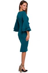 Sukienka na wesele elegancka midi z bufiastymi rękawami morski. Zielone sukienki damskie Makover, bez wzorów, eleganckie, bez ramiączek. Za 289.00 zł.