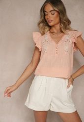 Różowa Bluzka z Bawełny z Haftowanymi Zdobieniami i Falbanką Talanea. Czerwone bluzki damskie Renee, l, z aplikacjami, z bawełny, boho, bez kołnierzyka, bez ramiączek. Za 69.99 zł.