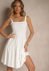 Biała Wiskozowa Sukienka o Rozkloszowanym Kroju na Ramiączkach Mirwena. Białe sukienki damskie Renee, bez wzorów, z tkaniny, eleganckie, bez ramiączek. W wyprzedaży za 39.99 zł.