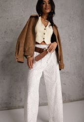 Białe Ażurowe Spodnie Wide Leg z Bawełny w Rustykalnym Stylu z Haftem Elladith. Białe spodnie materiałowe damskie Renee, w ażurowe wzory, z bawełny. Za 119.99 zł.