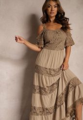 Brązowa Koronkowa Sukienka z Wiskozą o Rozkloszowanym Kroju na Ramiączkach Leris. Brązowe sukienki damskie Renee, bez wzorów, z koronki, eleganckie, bez ramiączek. Za 189.99 zł.