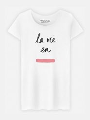 WOOOP Koszulka "La Vie en Rose" w kolorze białym rozmiar: XL. Białe koszulki damskie Wooop, xl, bez wzorów, z bawełny, bez kołnierzyka, bez ramiączek. Za 37.45 zł.