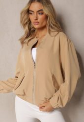 Beżowa Bluza Typu Bomberka z Suwakiem i Kieszeniami na Klapki Pleoria. Brązowe bluzy damskie Renee, plus size, bez wzorów, bez kaptura. Za 74.99 zł.