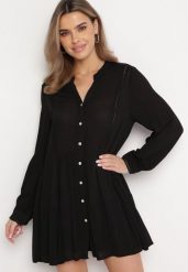 Czarna Koszulowa Sukienka w Stylu Boho z Rozkloszowanym Dołem Liorda. Czarne sukienki damskie Born2be, bez wzorów, boho, bez ramiączek. Za 129.99 zł.
