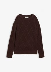 Sweter oversize z warkoczami. Brązowe swetry klasyczne damskie bonprix, bez kołnierzyka. Za 114.99 zł.