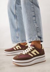 Brązowe Sneakersy na Grubej Podeszwie Ozdobione Geometrycznym Wzorem Asoastis. Brązowe obuwie sportowe damskie Born2be, z dzianiny, bez zapięcia, trekkingowe. Za 89.99 zł.