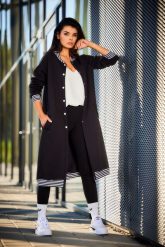 Długa Rozpinana Bluza ze Stójką - Czarna. Czarne bluzy damskie Awama, l, bez wzorów, z bawełny, bez kaptura. Za 228.90 zł.