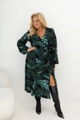 Kopertowa sukienka midi Hello Monica 100% wiskoza Plus Size na wesele czarna w turkusowy wzór paisley Oversize. Czarne sukienki damskie Moda Size Plus Iwanek, bez wzorów, z materiału, biznesowe, bez ramiączek. Za 349.90 zł.