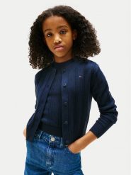 Tommy Hilfiger Kardigan Pointelle KG0KG08677 Granatowy Regular Fit. Niebieskie swetry dziewczęce Tommy Hilfiger, bez wzorów, z bawełny, bez kołnierzyka, bez ramiączek. Za 249.99 zł.