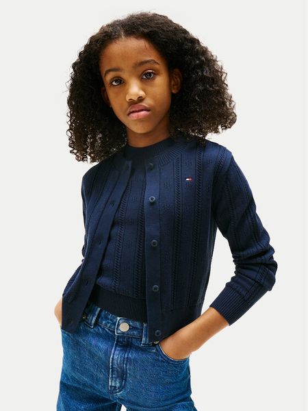 Tommy Hilfiger Kardigan Pointelle KG0KG08677 Granatowy Regular Fit. Niebieskie swetry dziewczęce Tommy Hilfiger, bez wzorów, z bawełny, bez kołnierzyka, bez ramiączek. Za 209.99 zł.