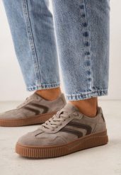 Beżowe Zamszowe Sneakersy w Stylu Kultowych Tenisówek ze Skórzaną Wkładką Berosele. Brązowe obuwie sportowe damskie Born2be, z jeansu, bez zapięcia, tenisowe. Za 189.99 zł.