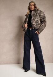 Granatowe Jeansy z Bawełną o Szerokim Kroju High Waist z Kieszeniami Cargo Phirinna. Niebieskie jeansy damskie Renee, z podwyższonym stanem. Za 59.99 zł.