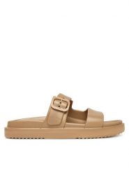 Tommy Hilfiger Klapki Double Strap FW0FW09114 Beżowy. Brązowe klapki damskie Tommy Hilfiger, bez wzorów, z syntetyku, bez obcasa, bez zapięcia. Za 209.99 zł.