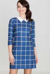 Niebieska Prosta Sukienka w Kratę z Kołnierzykiem. Niebieskie sukienki damskie Katrus, bez wzorów, bez ramiączek. Za 239.00 zł.