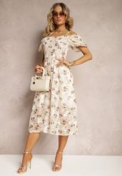 Beżowa Sukienka w Kwiecisty Wzór z Bufkami w Ramionach i Hiszpańskim Dekoltem Nibbia. Brązowe sukienki damskie Renee, bez wzorów, eleganckie, bez ramiączek. W wyprzedaży za 151.99 zł.