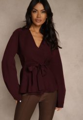 Bordowy Kardigan z Wiskozą Ozdobiony w Pasie Wiązaniem Tusllima. Czerwone kardigany damskie Renee, bez wzorów, z jeansu. Za 119.99 zł.