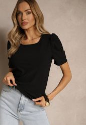 Czarny T-shirt z Prążkowanej Tkaniny z Zakładkami przy Rękawach Kolaniella. Czarne t-shirty damskie Renee, l, bez wzorów, z jeansu, bez kołnierzyka. Za 34.99 zł.
