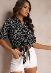 Czarna Koszula Wzorzysta z Wiązaniem Kristell. Czarne koszule damskie Renee, l, bez wzorów, z jeansu, eleganckie, bez kołnierzyka, bez ramiączek. Za 49.99 zł.