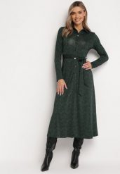 Ciemnozielona Rozkloszowana Sukienka Koszulowa z Wiązanym Paskiem Cheresin. Zielone sukienki damskie Born2be, bez wzorów, z materiału, bez ramiączek. Za 159.99 zł.