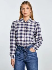 Koszula damska flanelowa z wiskozy w krate granatowo-beżowa Indina 401. Niebieskie koszule damskie Big Star, l, bez wzorów, z bawełny, biznesowe, bez kołnierzyka, bez ramiączek. Za 229.99 zł.