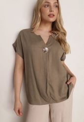 Ciemnobeżowa Nietoperzowa Bluzka z Krótkim Rękawem z Lnem i Wiskozą Isirtila. Brązowe bluzki damskie Born2be, l, bez wzorów, z bawełny, biznesowe, bez kołnierzyka, bez ramiączek. Za 69.99 zł.