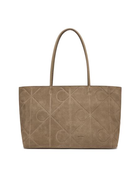 Calvin Klein Torebka Emblem Aop Embossed Suede Tote LV04F3334G Beżowy. Brązowe shopper bag Calvin Klein, bez wzorów, ze skóry, bez dodatków. Za 1,099.00 zł.