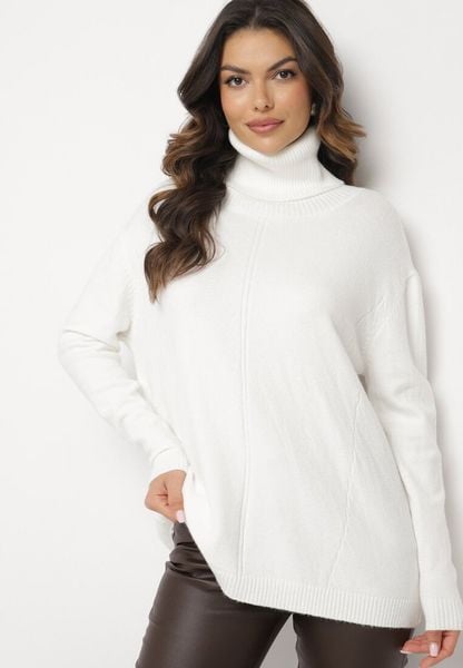 Biały Sweter z Golfem i Dodatkiem Kaszmiru Rorizia. Białe golfy damskie Born2be, na zimę, z jeansu, bez kołnierzyka. Za 114.99 zł.